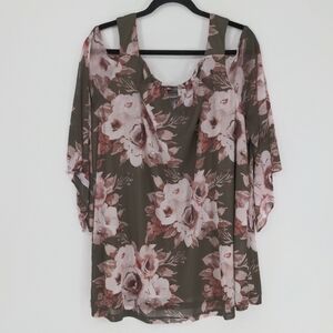 Catherine's‎ Women's Plus Size Blouse Size 2X Green Pink Cold Shoulder Cut Out